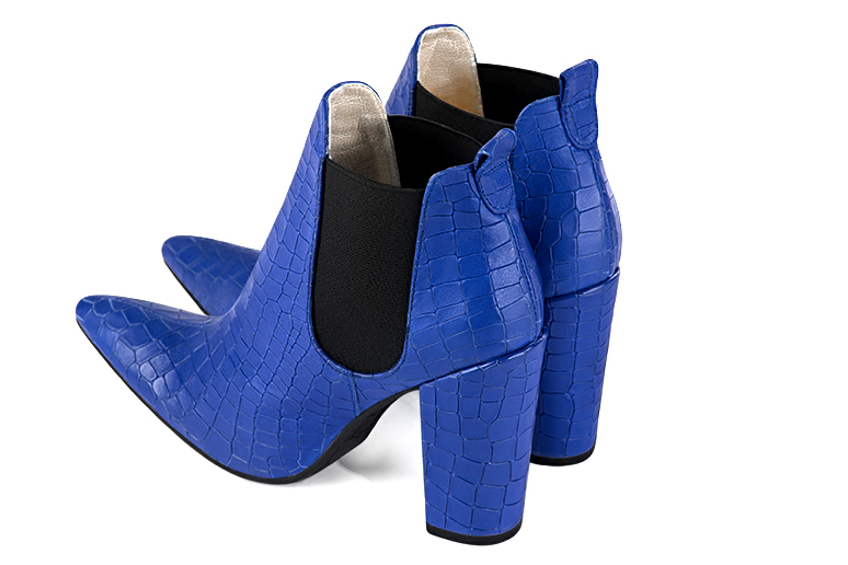 Women's electric blue and matt black elegant Chelsea ankle boots, with side elastics. Tapered toe. High block heels - Rear view